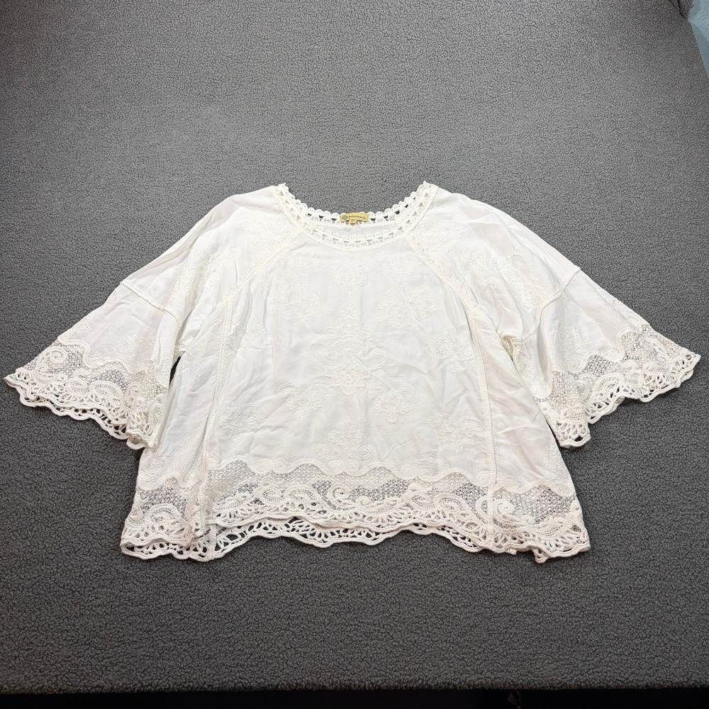 Democracy Top Womens XL White Embroidered Lace Trim Boho Peasant Blouse